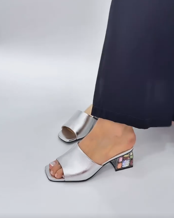 Silver Diamond Low Heel Sandals