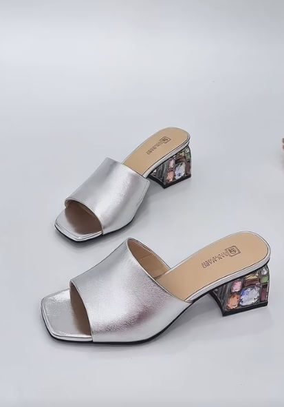 Silver Diamond Low Heel Sandals