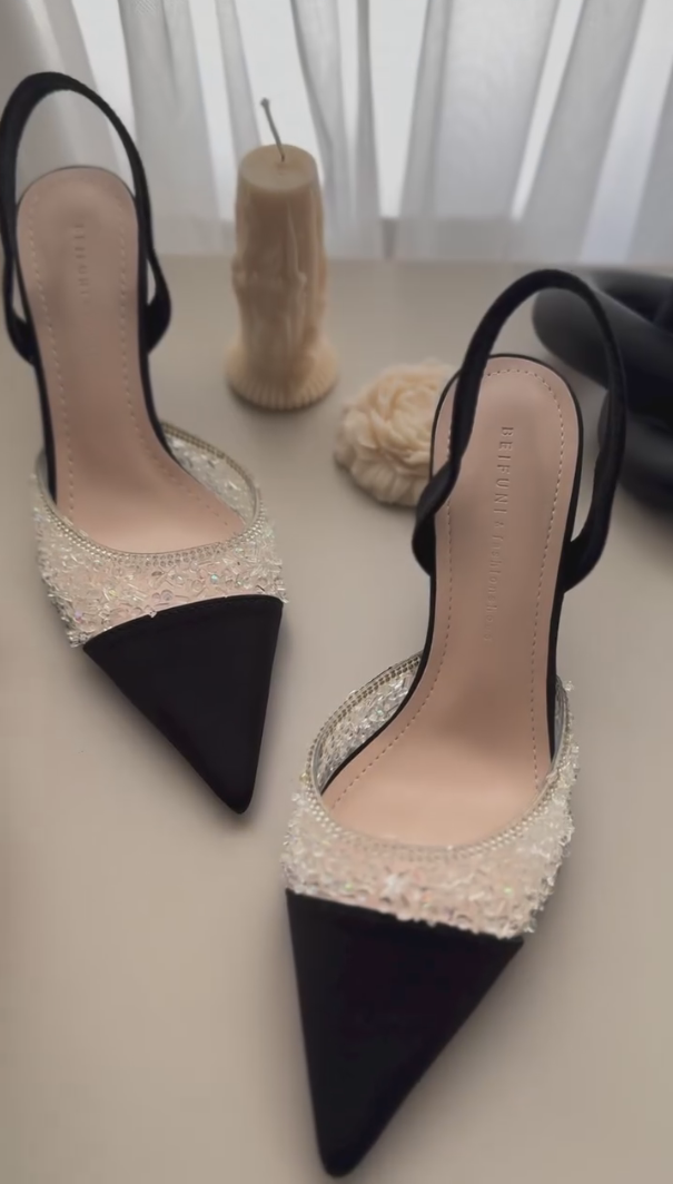 Clear crystal black party high heels