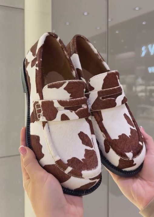 Cow white and brown soft fur casual shoes