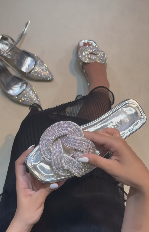 Knotted silver sequined sandals
