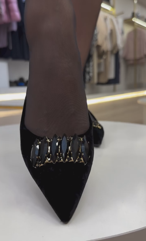 Black rhinestone low heels