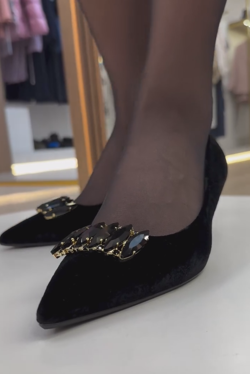 Black rhinestone low heels