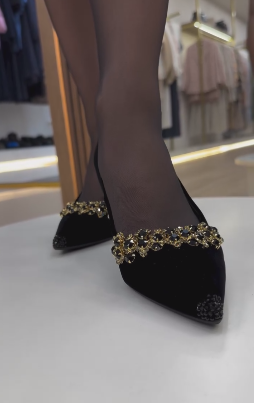 Gold diamond black low heels