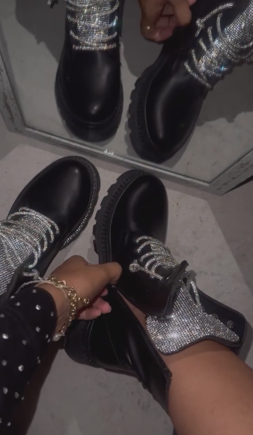 Silver duck tongue diamond black ankle boots