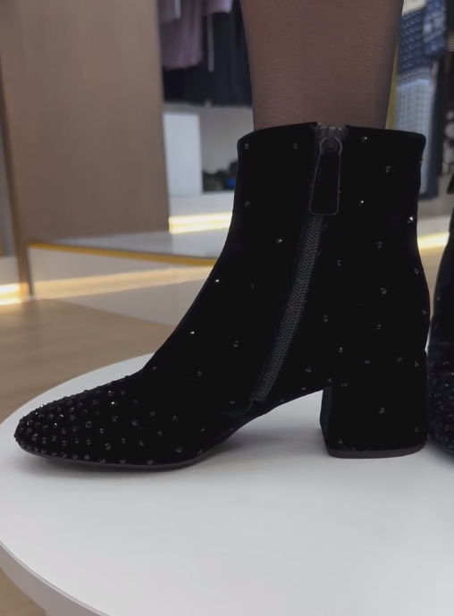 Black diamond-embellished velvet ankle boots