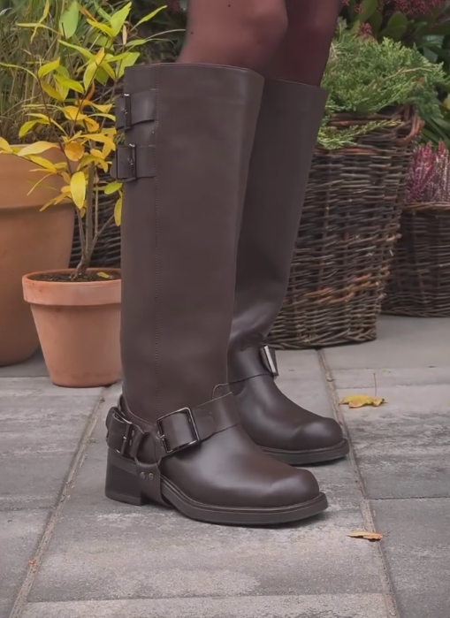 Brown cross-cut high boots
