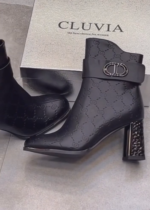 Black diamond heel printed leather ankle boots