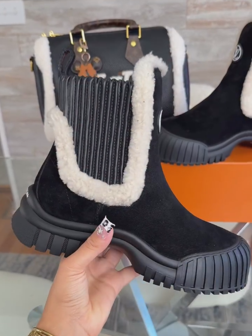 Black and white suede thick-soled leather boots