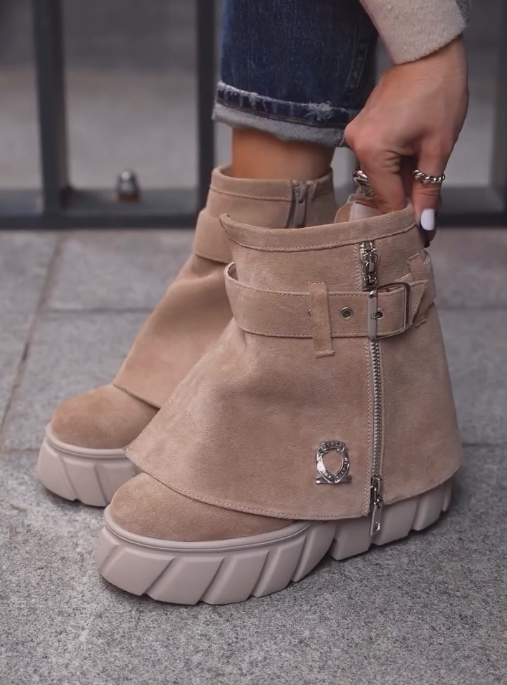 Khaki canvas suede zip-up ankle boots