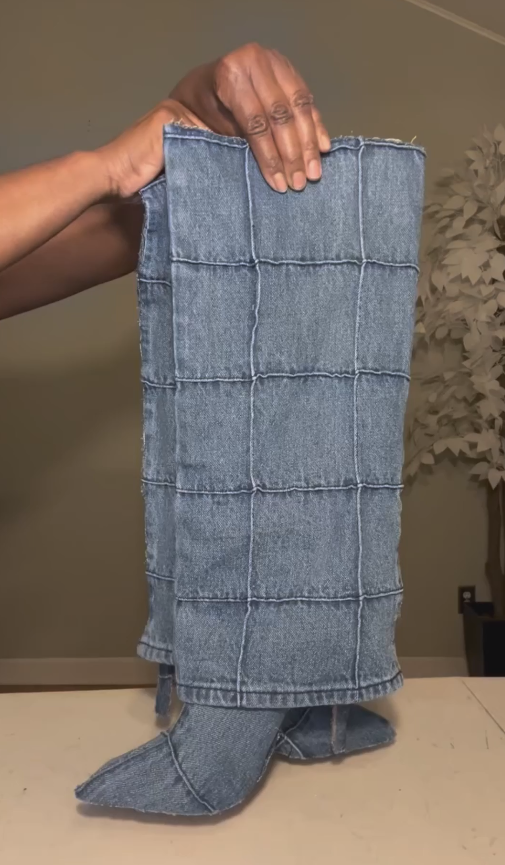 Denim patchwork high-heeled boots