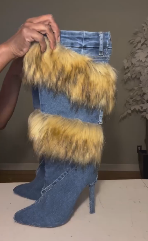 Denim fleece-trimmed high boots