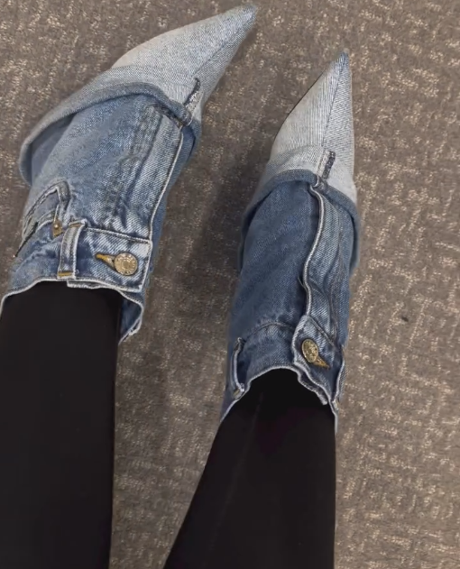 Denim button-decorated high-heeled ankle boots