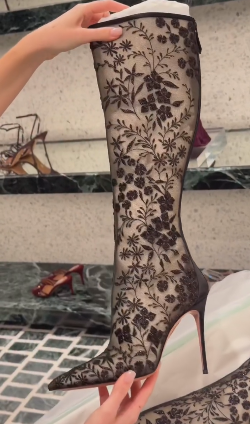 Lace embroidered flower and leaf knee-high high heels