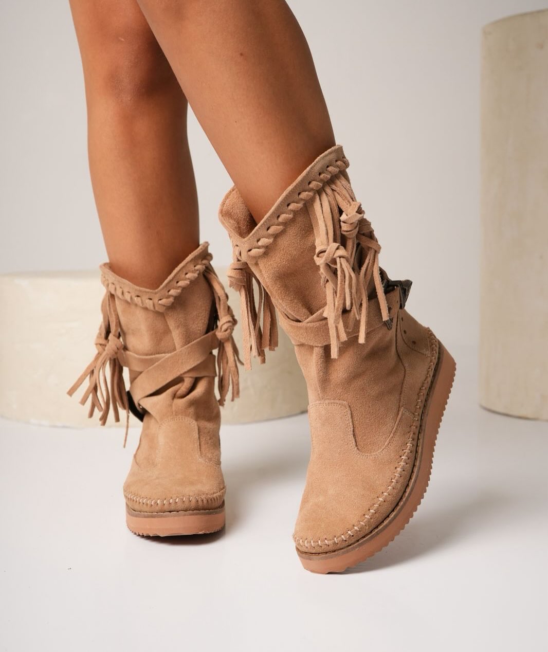 Three-color suede soft sole mid-tube boots