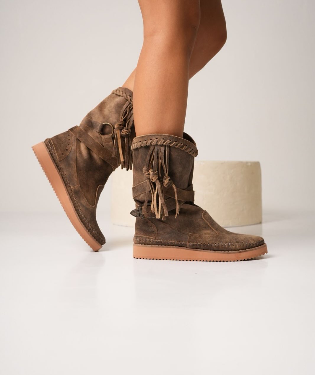 Three-color suede soft sole mid-tube boots