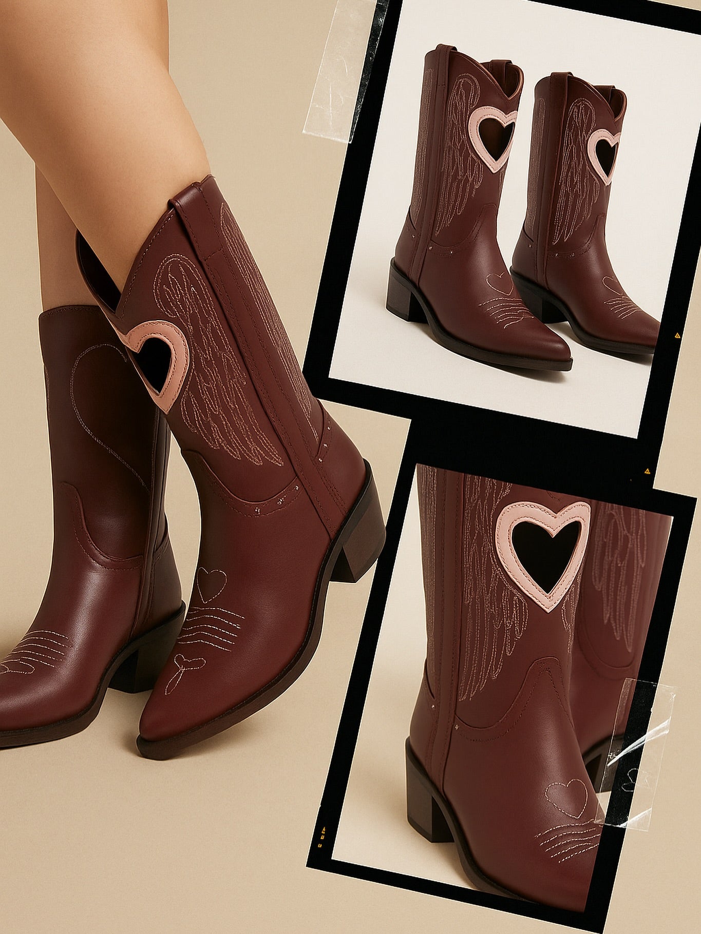 Heart-shaped angel burgundy mid-calf cowboy boots