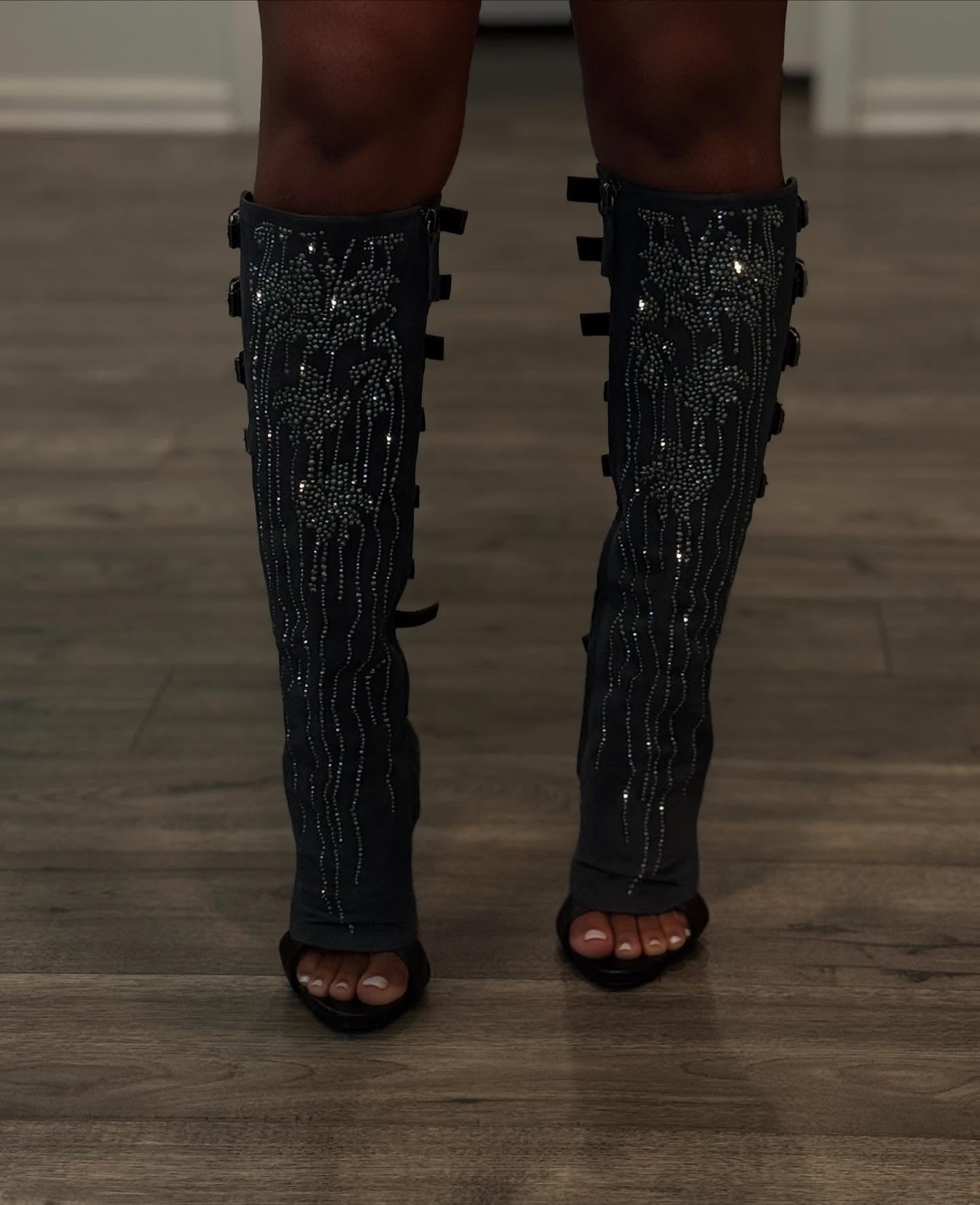 sequined lace-up high-heeled boots