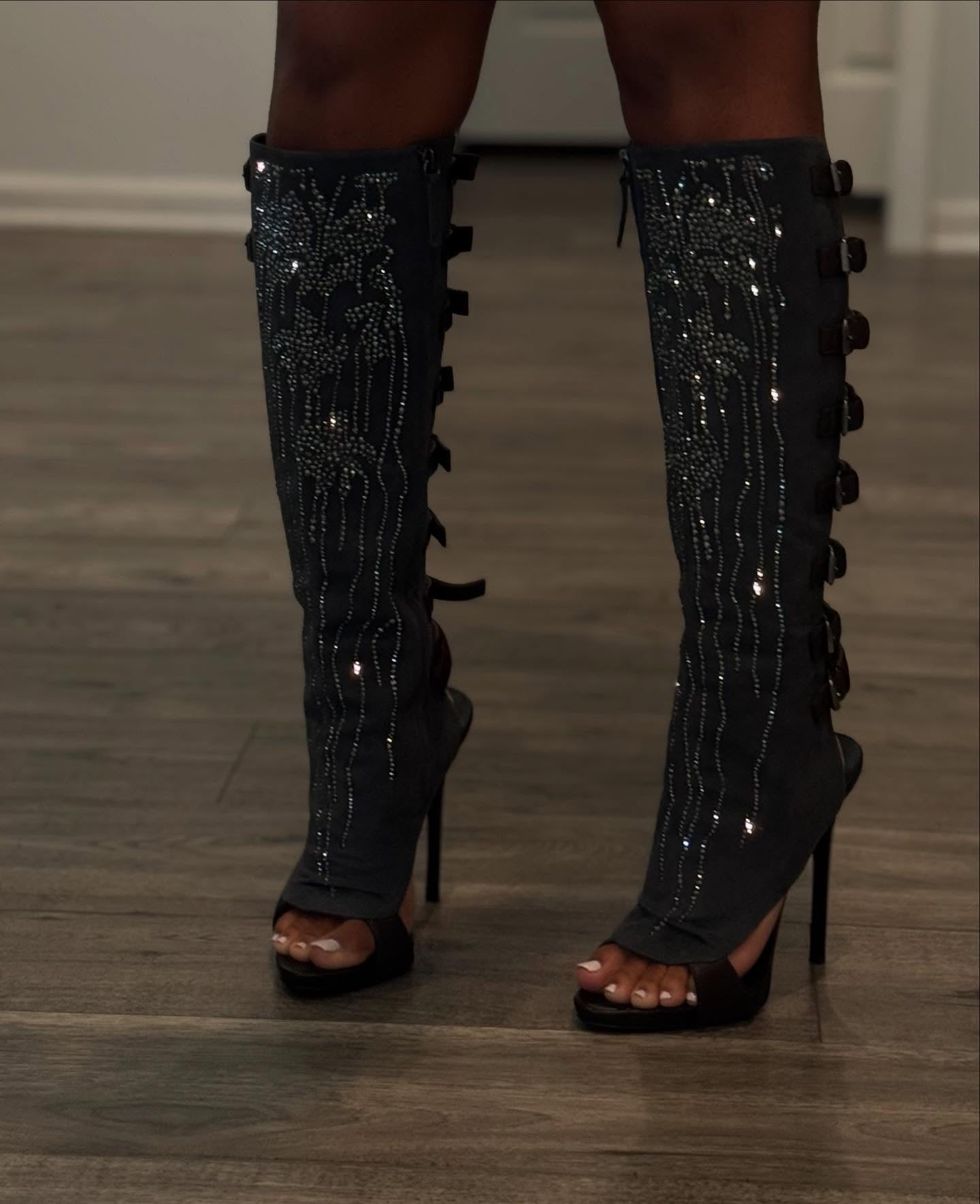 sequined lace-up high-heeled boots