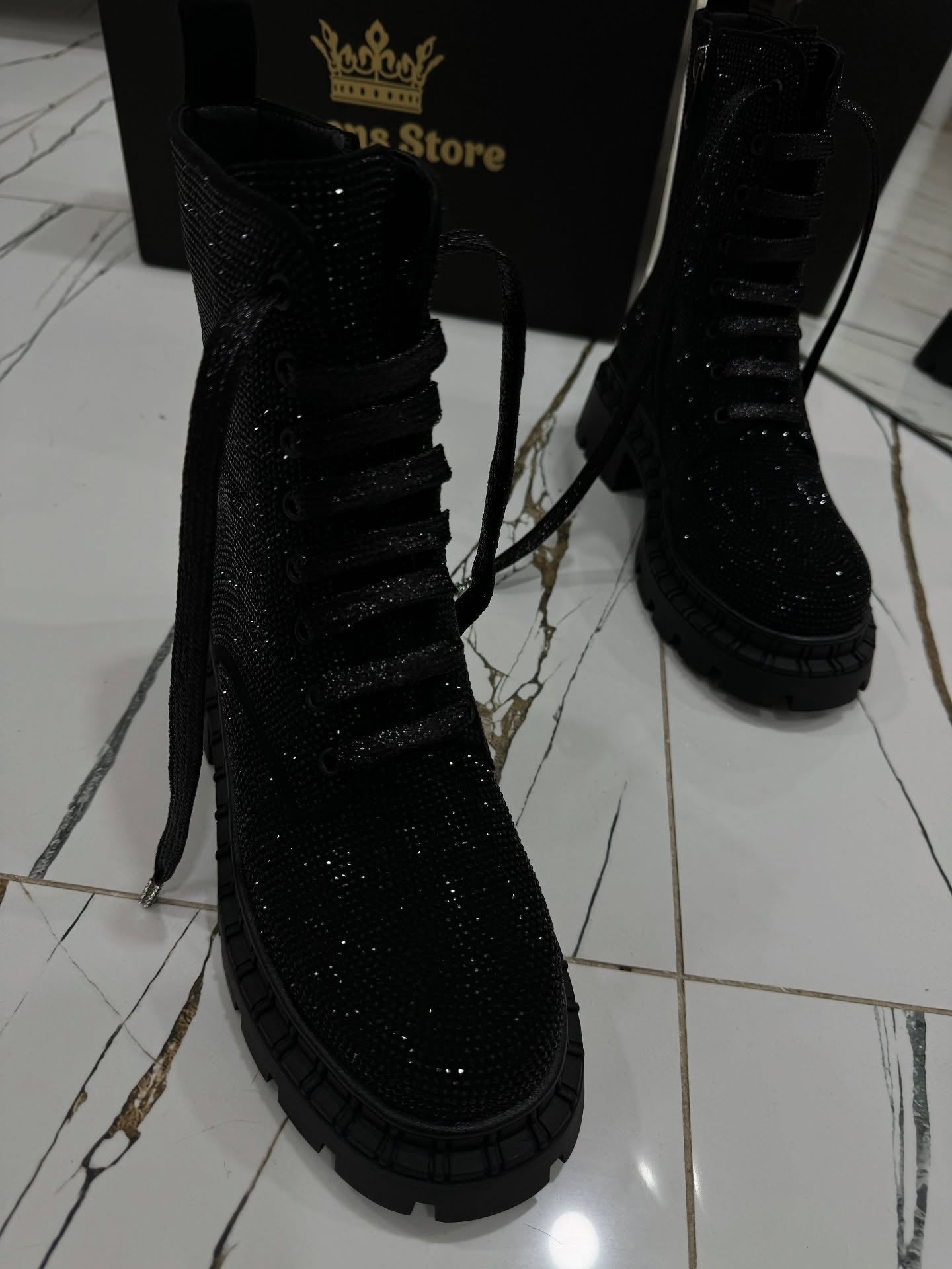 Black diamond full diamond soft sole thick heel ankle boots