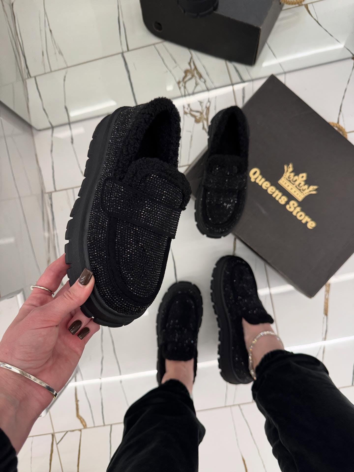 Black rhinestone-embellished fleece loafers
