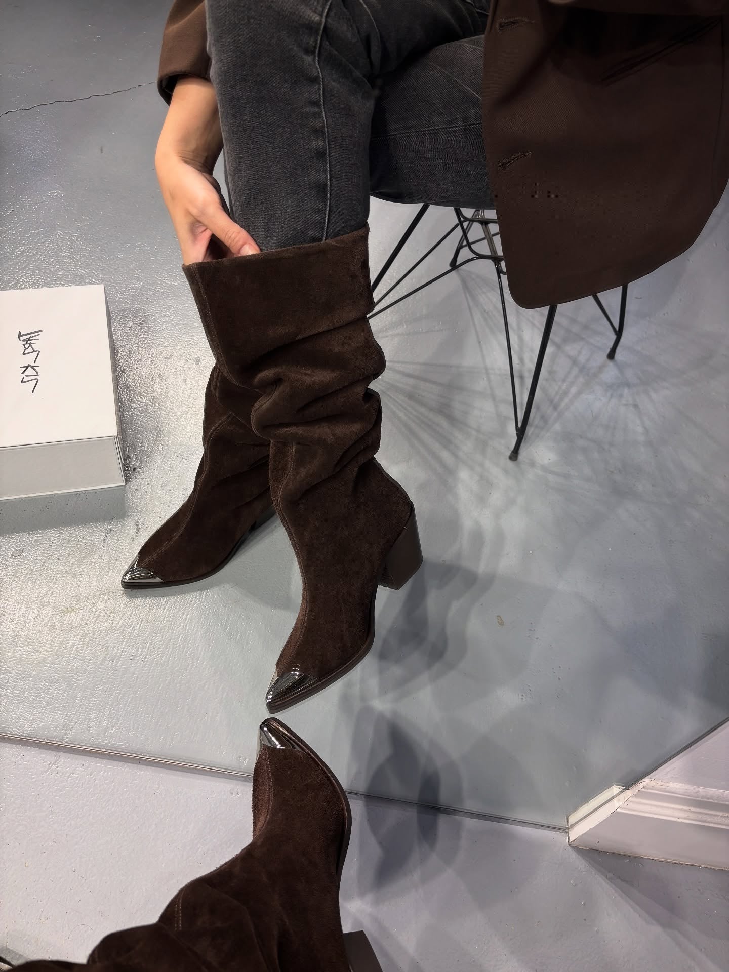 Dark brown iron toe plush high boots