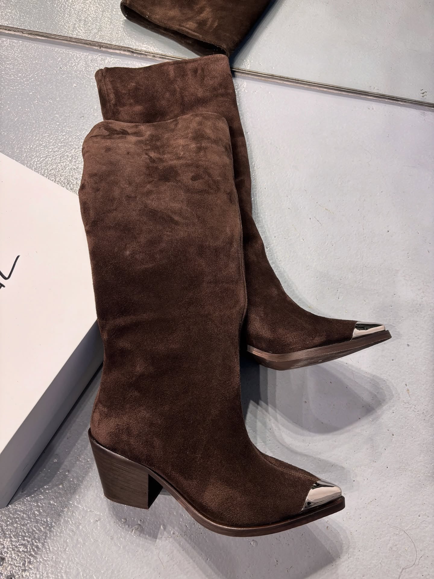 Dark brown iron toe plush high boots
