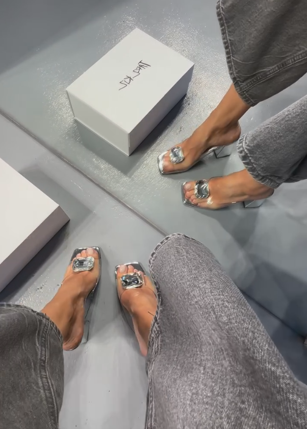 Big crystal silver block heel high heels
