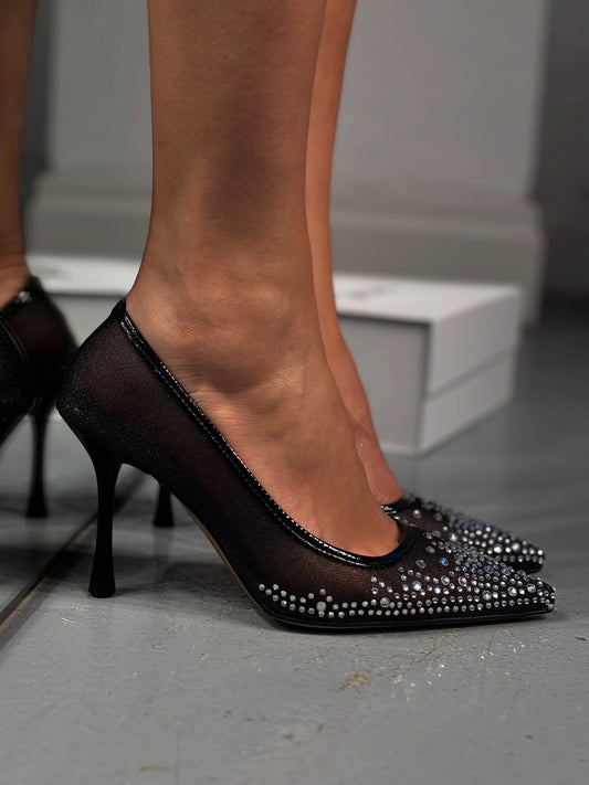 Black lace diamond high heels