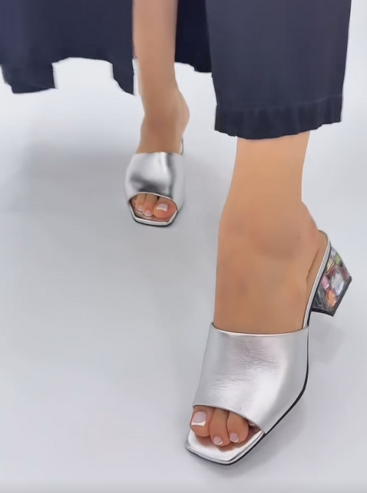 Silver Diamond Low Heel Sandals