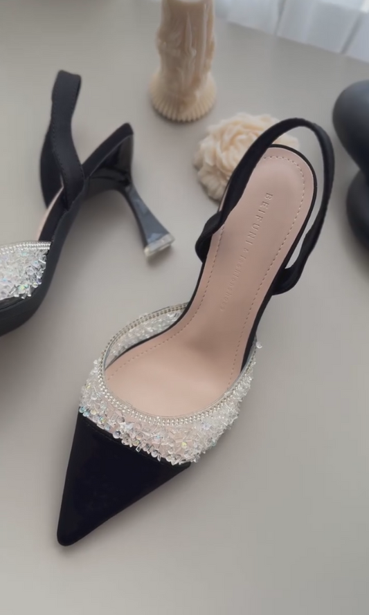 Clear crystal black party high heels