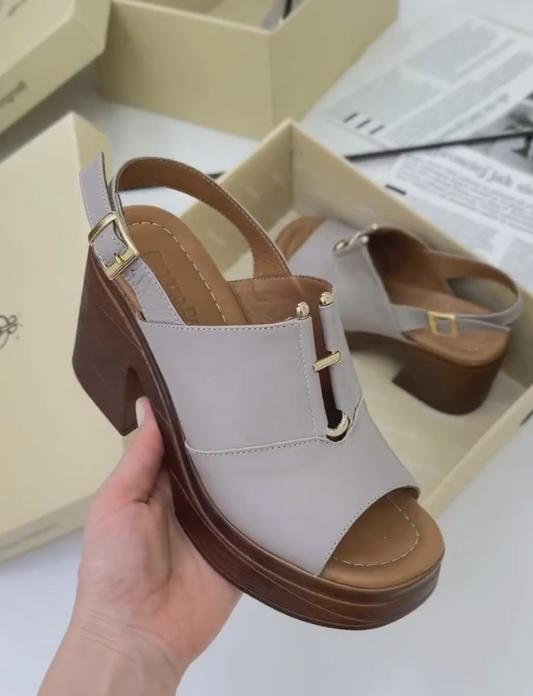 Wooden grey gold metal buckle high heel sandals
