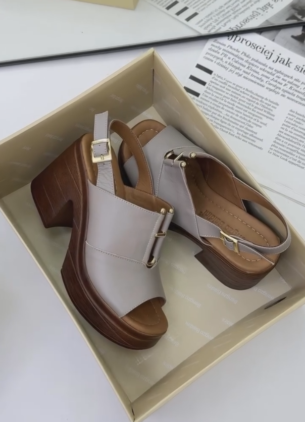 Wooden grey gold metal buckle high heel sandals