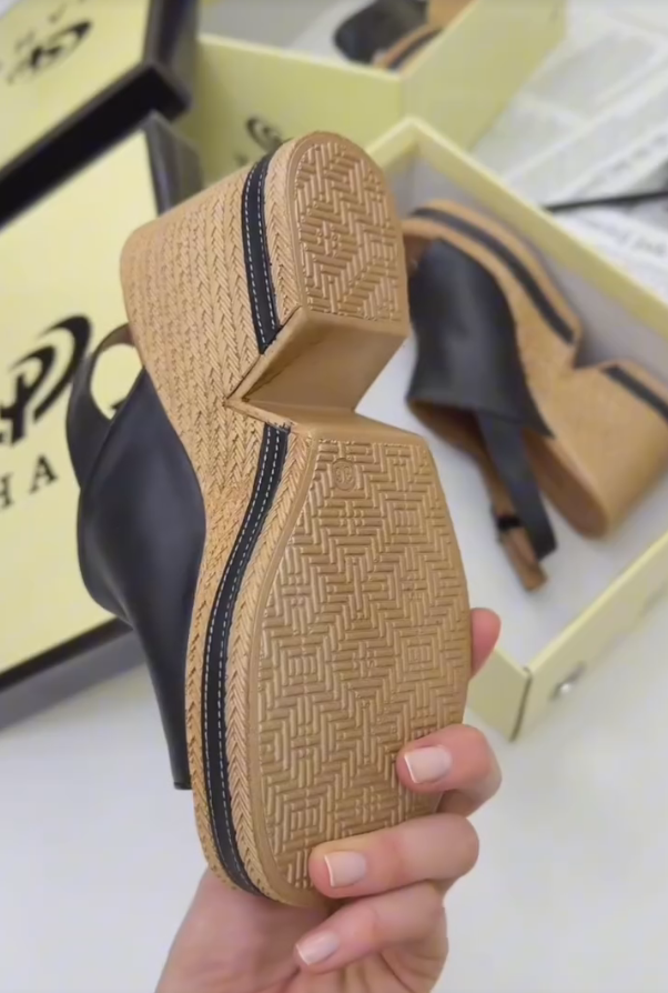 Black wooden high heel sandals