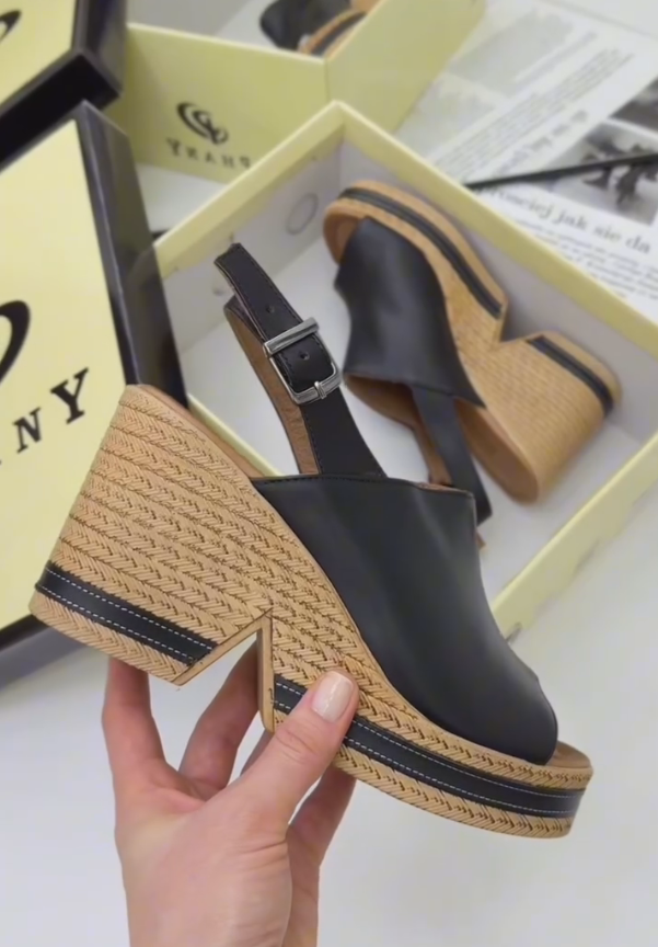 Black wooden high heel sandals