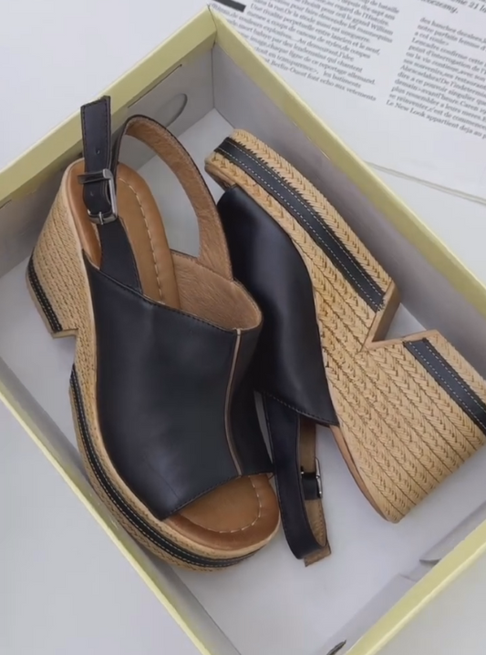 Black wooden high heel sandals