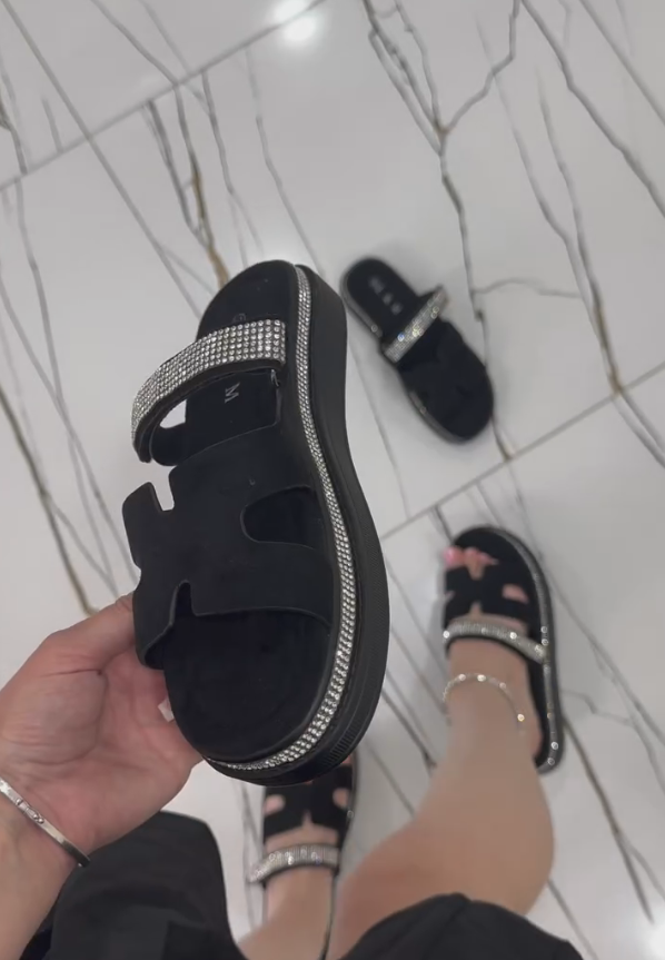 Silver diamond black sandals