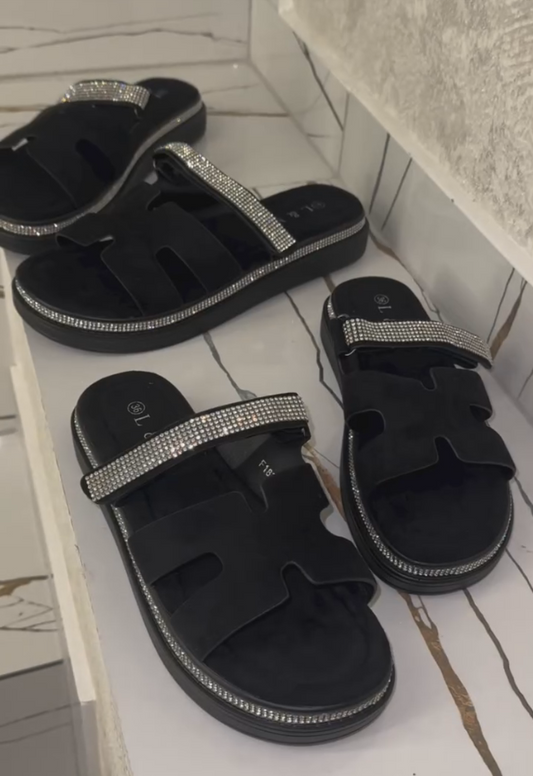 Silver diamond black sandals