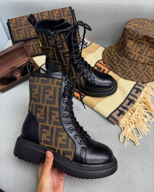 Embroidered brown modified black ankle boots