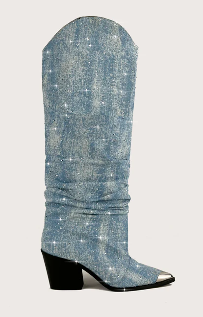 Blue silver low-heeled high boots
