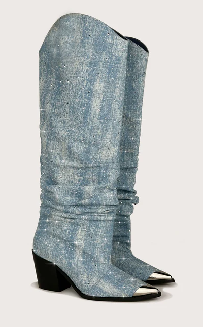Blue silver low-heeled high boots