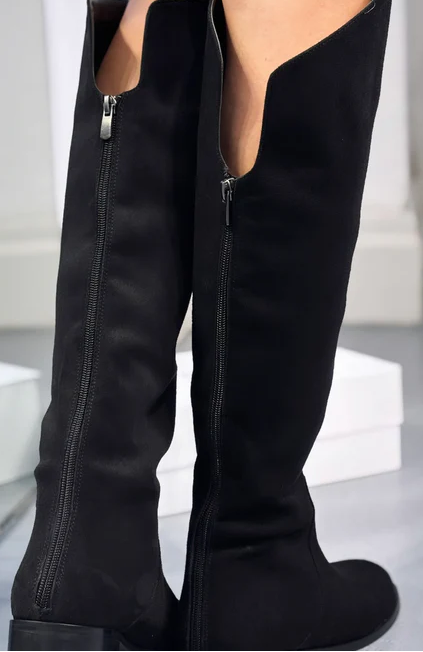 Black zippered soft-soled flat high boots