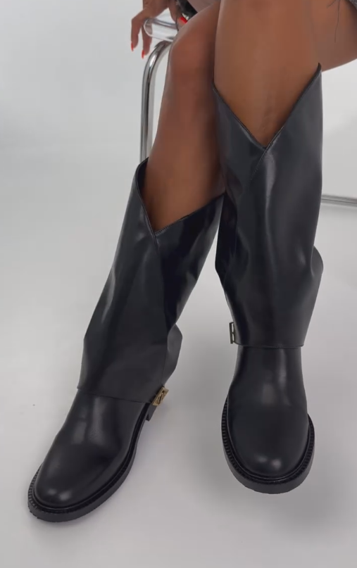 Black leather mid-calf boots