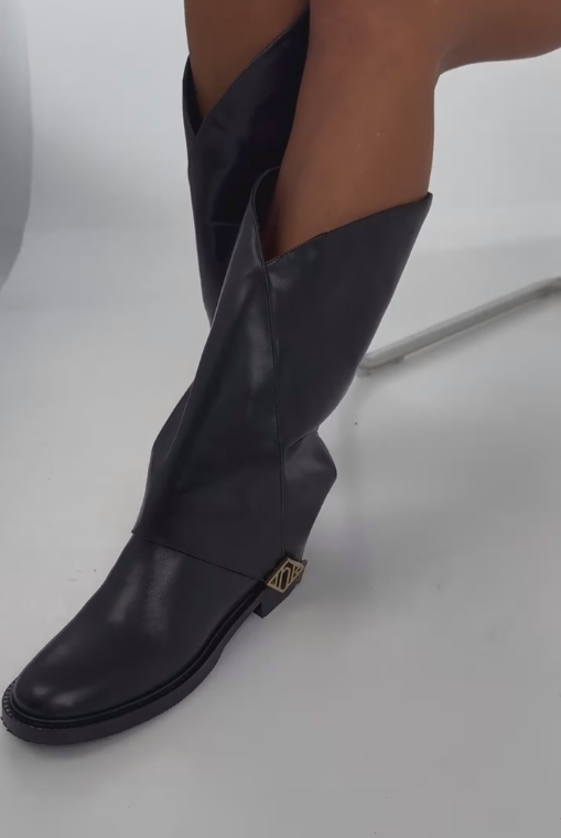 Black leather mid-calf boots