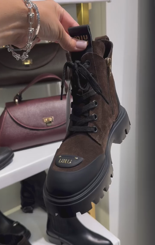 Brown denim zipper boots