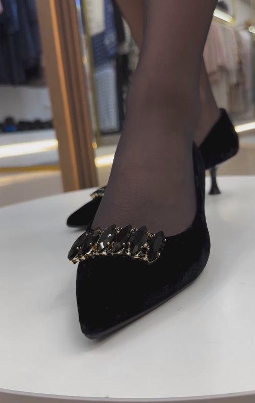 Black rhinestone low heels