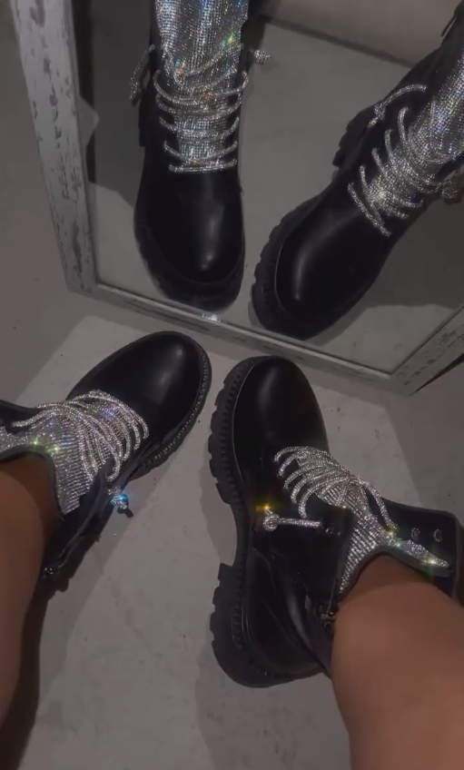 Silver duck tongue diamond black ankle boots