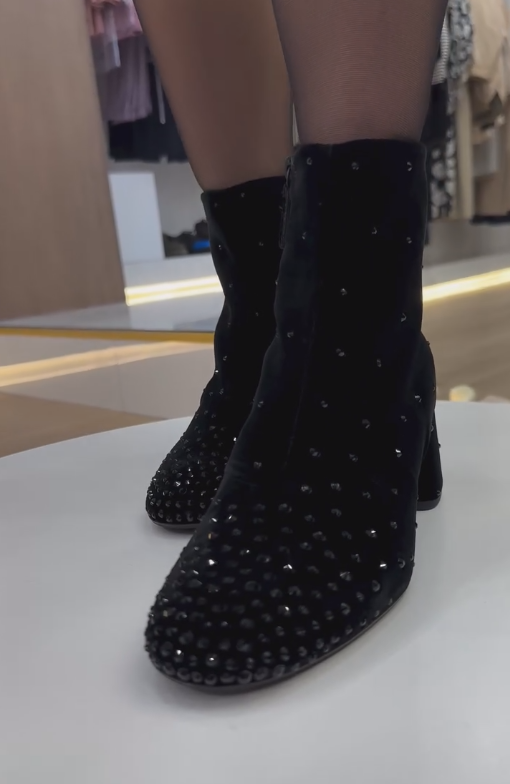 Black diamond-embellished velvet ankle boots