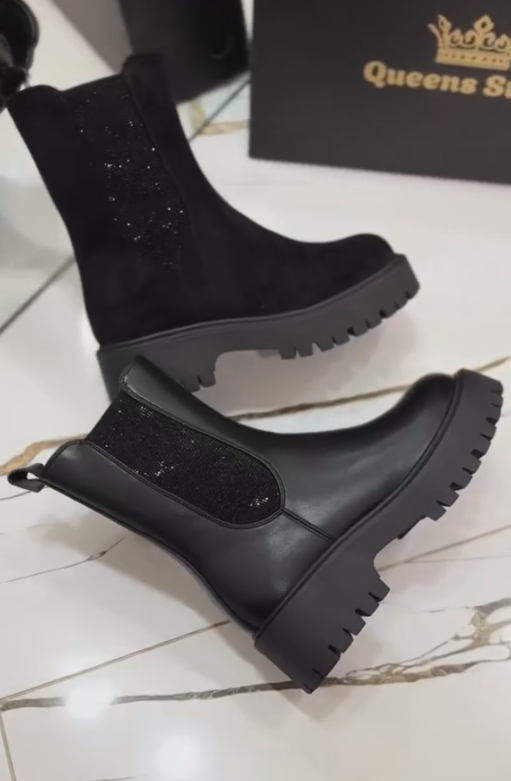 Black Diamond Sparkling Casual Zipper Ankle Boots