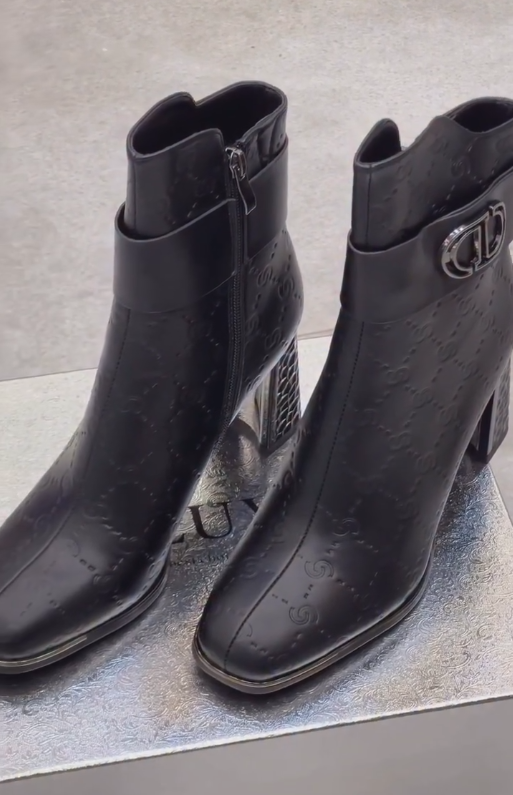 Black diamond heel printed leather ankle boots